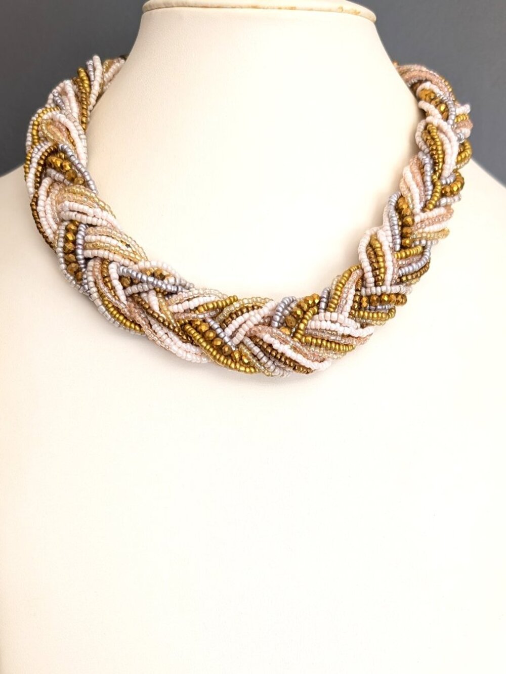 Braided gold, white, cream and silver seed bead necklace